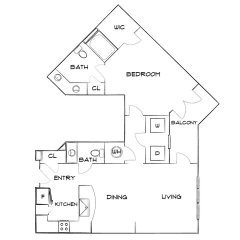 Contemporary floor plan showcasing a single bedroom and two bathrooms, with open dining and living areas, a kitchen, and a balcony for outdoor enjoyment.