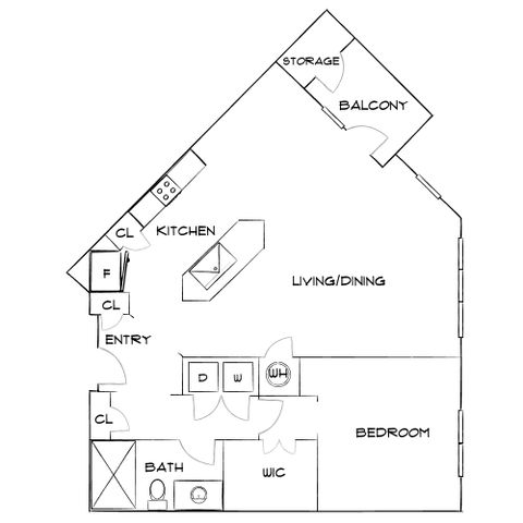 Elegant floor plan highlighting a spacious one-bedroom apartment with open-concept living and dining area, modern kitchen, and private balcony.