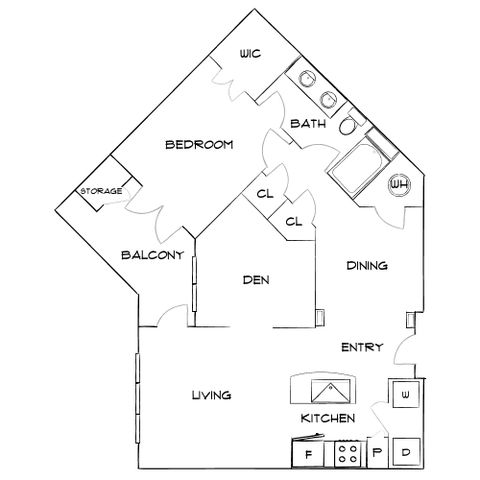 Chic floor plan highlighting a spacious bedroom, open den, and modern kitchen with dining area, complemented by a balcony and ample storage space.