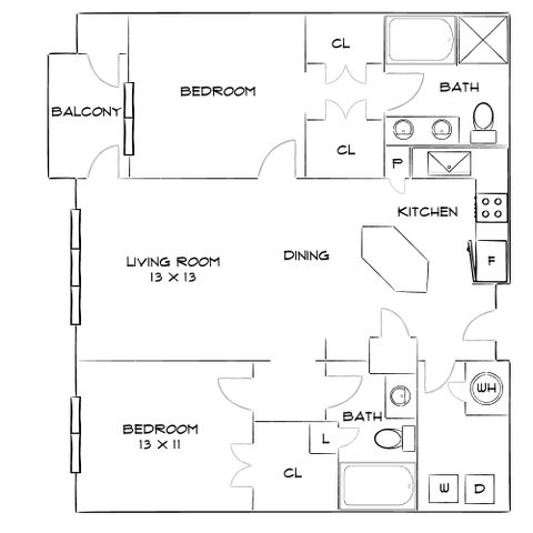 Inviting floor plan featuring 2 spacious bedrooms, modern kitchen, cozy living room, and a private balcony.