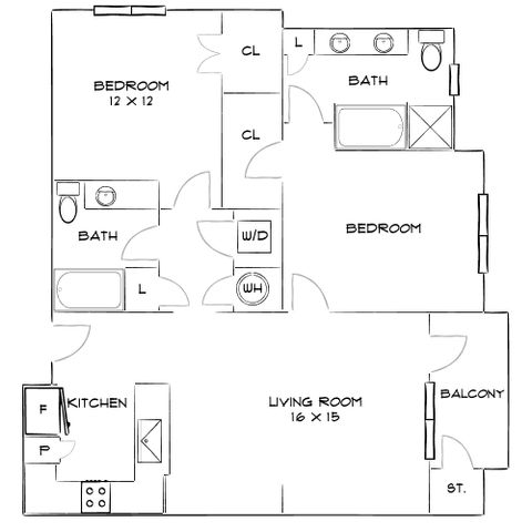 Inviting floor plan featuring two bedrooms, two bathrooms, a stylish kitchen, and a spacious living room with balcony access.