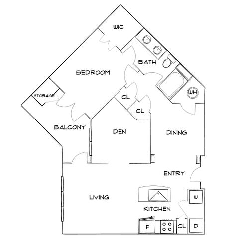 Chic floor plan featuring one bedroom with walk-in closet, a versatile den, and open dining area connected to a modern kitchen. Includes a living room opening to a cozy balcony, ideal for city living.