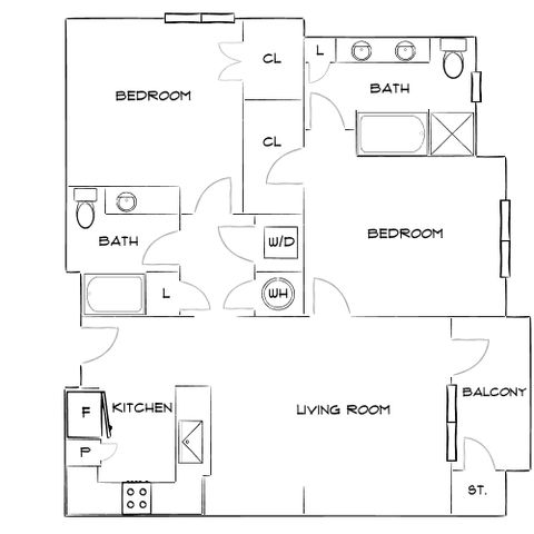 Modern floor plan showcasing 2 bedrooms, 2 bathrooms, an open living area, balcony, and cozy kitchen.