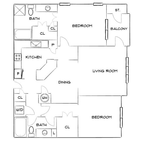 Charming floor plan showcasing 2 bedrooms, 2 bathrooms, a cozy kitchen, and a spacious living room with dining area and private balcony.