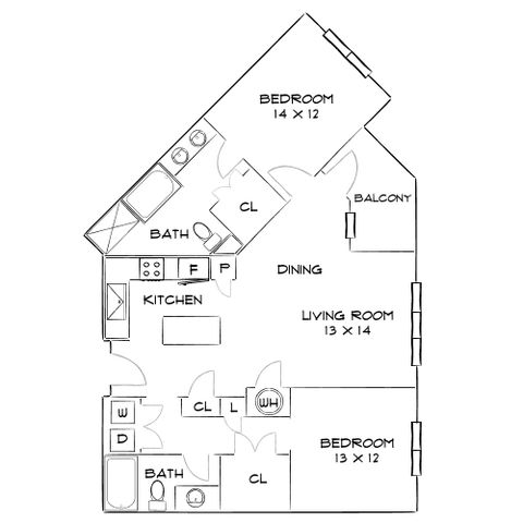 Modern floor plan showcasing 2 bedrooms, 2 bathrooms, a sleek kitchen with dining area, and a cozy living room with balcony access.