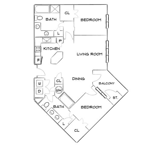 Chic floor plan showcasing 2 bedrooms, modern kitchen, inviting living room, and a cozy balcony area.
