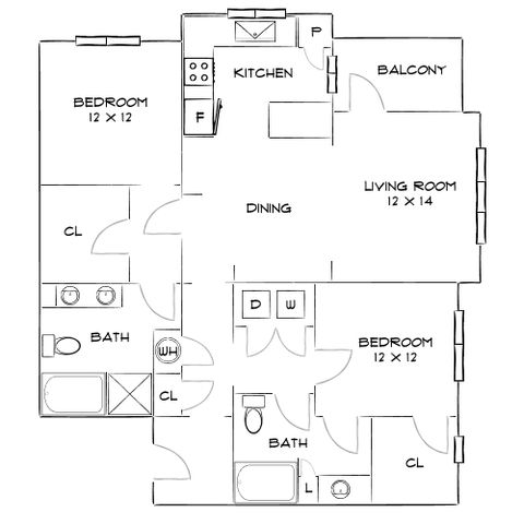 Inviting floor plan showcasing 2 spacious bedrooms, open kitchen area, and a cozy living room leading to a balcony.