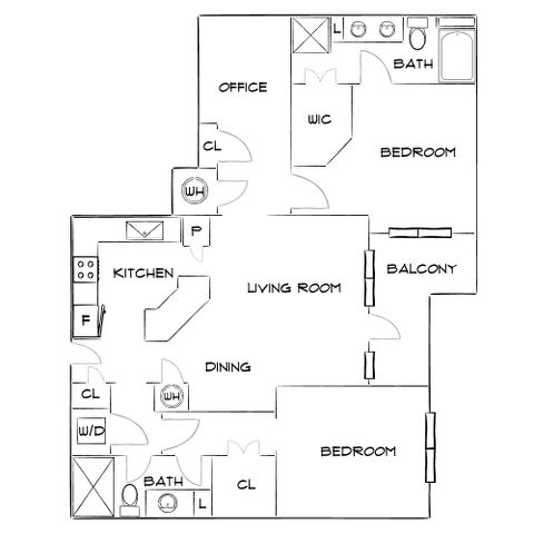 Elegant floor plan showcasing 2 bedrooms, 2 baths, a spacious living room, and a private balcony, ideal for modern living.