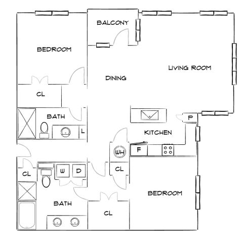 Inviting floor plan with 2 spacious bedrooms, modern kitchen, and open dining area leading to a cozy balcony.