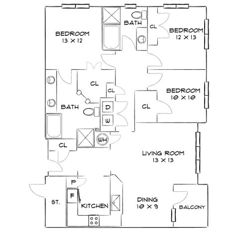 Chic floor plan showcasing 2 spacious bedrooms, modern kitchen, and inviting living room, complete with dining area and balcony access.