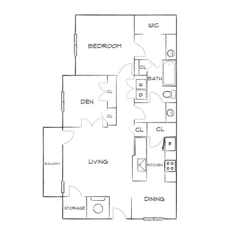 Elegant floor plan showcasing a spacious bedroom, versatile den, open living and dining areas, modern kitchen, and private balcony for a refined lifestyle.