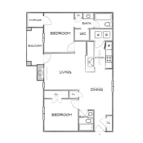 Contemporary floor plan showcasing 2 bedrooms, open living and dining space, modern kitchen, 2 baths, and a cozy balcony.