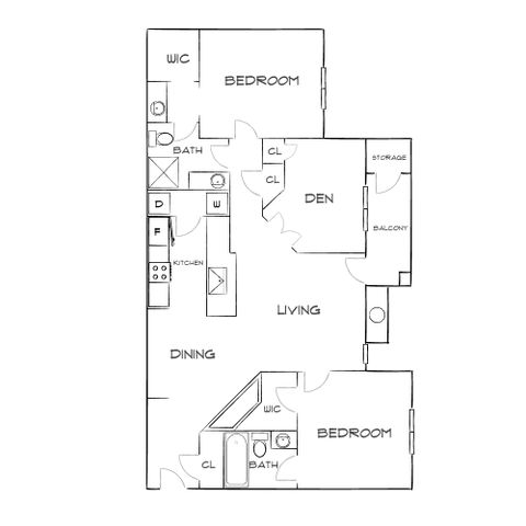 Elegant floor plan featuring 2 bedrooms, spacious living and dining areas, modern kitchen, den, and balcony.