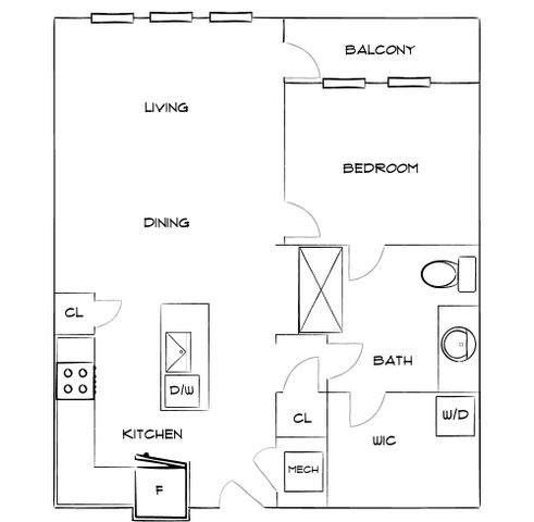Modern floor plan showcasing a spacious one-bedroom apartment with balcony, open living and dining area, sleek kitchen, and a well-appointed bath.