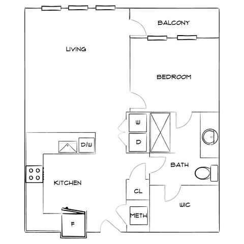 Elegant apartment floor plan featuring a single bedroom, spacious living area, modern kitchen, and a private balcony.