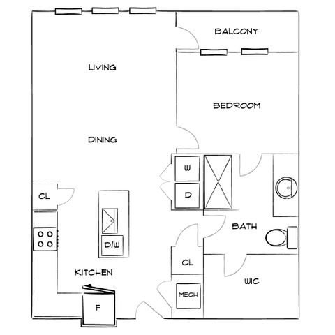 Modern floor plan design featuring 1 bedroom, a spacious living and dining area, functional kitchen, large balcony, and a well-organized bathroom.