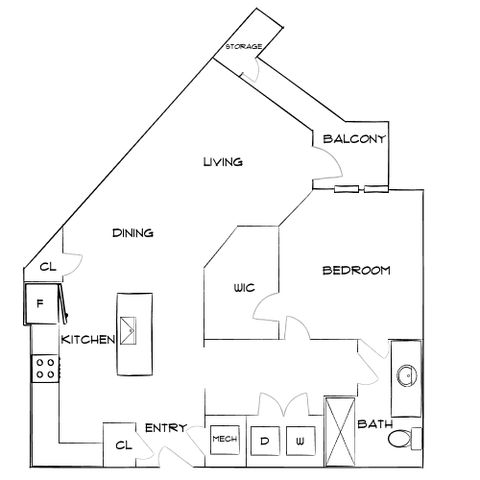 Modern floor plan featuring one bedroom with balcony access, spacious living and dining areas, well-equipped kitchen, and convenient storage space.