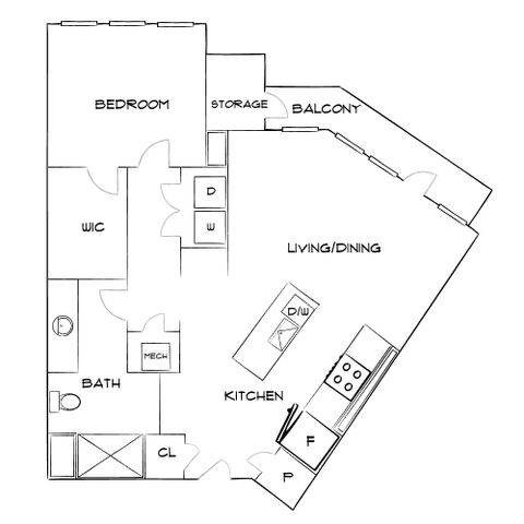 Contemporary floor plan highlighting a spacious living/dining area, a modern kitchen, and a cozy bedroom with walk-in closet, plus storage space and a balcony.