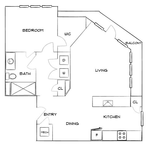 Elegant floor plan featuring a spacious bedroom, a luxurious bathroom, open-concept living and dining area, a modern kitchen, and a balcony.