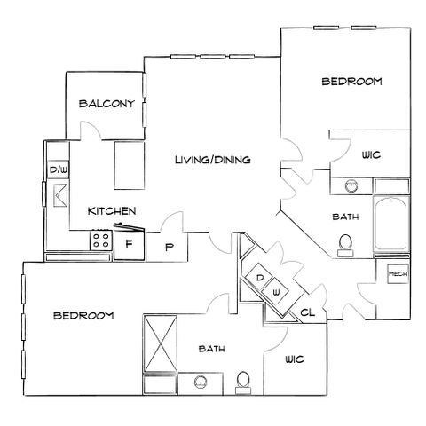 Contemporary floor plan with 2 bedrooms, 2 baths, an open living and dining area, a modern kitchen, and a relaxing balcony.