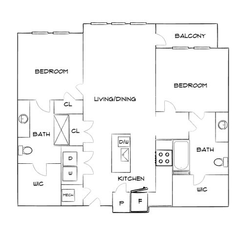 Inviting floor plan featuring two bedrooms, two bathrooms, an open living and dining area, a modern kitchen, and a balcony for relaxing views.