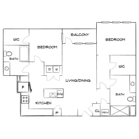 Chic floor plan showcasing 2 bedrooms, 2 baths, open-concept living/dining area, modern kitchen, and inviting balcony.