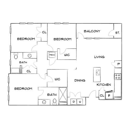 Elegant floor plan showcasing 3 spacious bedrooms, an open living and dining area, modern kitchen, and a private balcony.