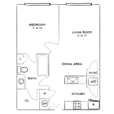Modern floor plan showcasing a spacious 1-bedroom apartment with an 11x17 living room, open kitchen, and cozy dining area.
