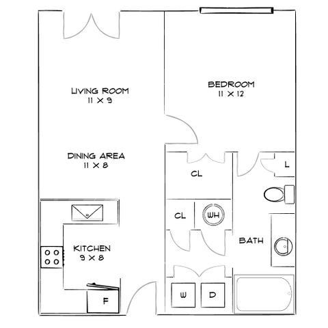Inviting floor plan featuring a cozy living room, dining area, bedroom, and compact kitchen, ideal for efficient living.
