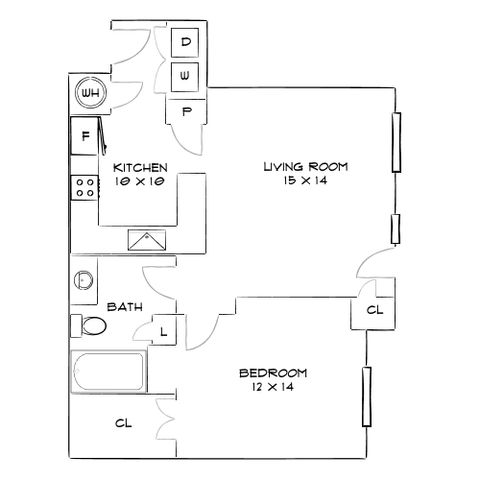 Charming floor plan showcasing 1-bedroom, spacious living room, and a cozy kitchen layout, ideal for modern living.