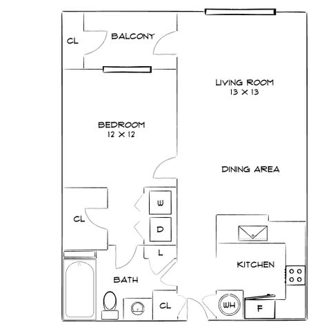 Modern apartment floor plan featuring a 12x12 bedroom, spacious living room with dining area, kitchen, and private balcony.