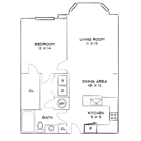 Inviting floor plan showcasing a spacious 1-bedroom apartment with a modern kitchen, comfortable living room, and convenient in-unit laundry facilities.