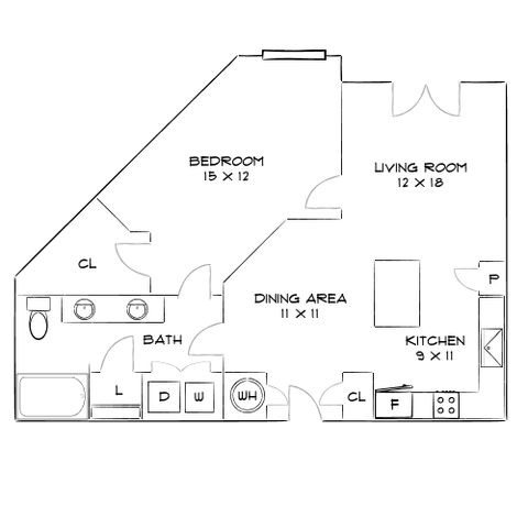 Contemporary 2D floor plan showcasing one spacious bedroom, open living room, cozy kitchen, and dining area, ideal for modern living.