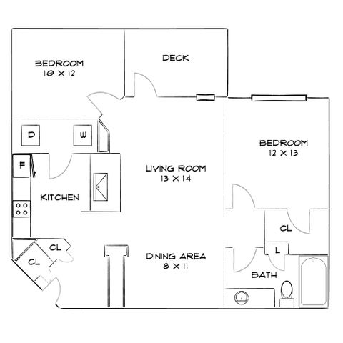Charming floor plan featuring 2 spacious bedrooms, a cozy living room, a functional kitchen, and a private deck for outdoor enjoyment.