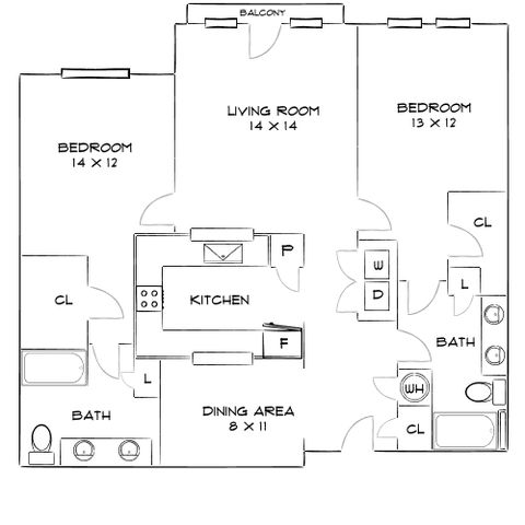 Inviting floor plan showcasing 2 spacious bedrooms, an elegant living room, and a modern kitchen, complete with dining area and 2 bathrooms. Includes balcony access, ideal for comfortable living.