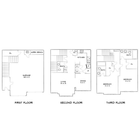 Modern three-story floor plan featuring a spacious garage with workbench, open-concept living and dining area, stylish kitchen on the second floor, and two comfortable bedrooms on the third floor.
