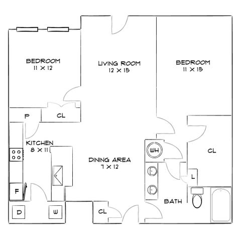 Charming 2-bedroom apartment floor plan featuring a spacious living room, well-equipped kitchen, and convenient dining area.