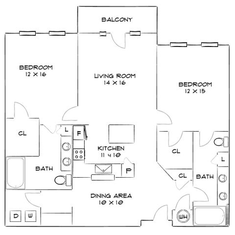Elegant floor plan showcasing two spacious bedrooms, modern kitchen, and cozy living room leading to a serene balcony.