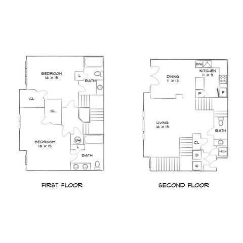 Elegant duplex floor plan showcasing two spacious bedrooms, a cozy living area, and a compact kitchen. Perfect for comfortable modern living.