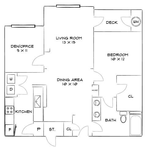Charming floor plan showcasing a cozy den/office, spacious living room, private deck, and convenient kitchen layout.