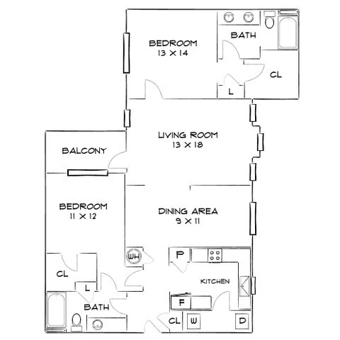 Modern floor plan showcasing 2 bedrooms, spacious living room, dining area, and a functional kitchen, complete with two bathrooms and a private balcony.