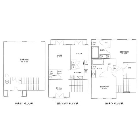Sleek tri-level floor plan featuring a spacious garage, open-concept second floor with living, dining, and kitchen, and two cozy bedrooms on the third floor.