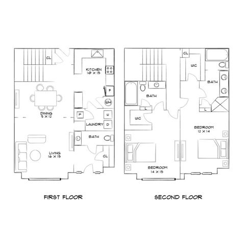 Elegant two-story floor plan featuring spacious first-floor living room, dining area, and kitchen, with laundry and bath. Second floor boasts two large bedrooms with en-suite baths and walk-in closets.