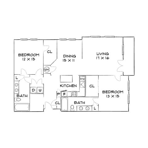 Inviting floor plan featuring 2 spacious bedrooms, a modern kitchen, open dining area, and a comfortable living room.