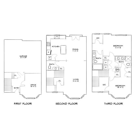 Charming multi-floor townhouse floor plan featuring an office, spacious garage, elegant dining area with adjacent kitchen, and two cozy bedrooms with private baths.