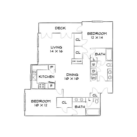 Charming floor plan showcasing 2 bedrooms, modern kitchen, inviting living room, and a spacious deck area.