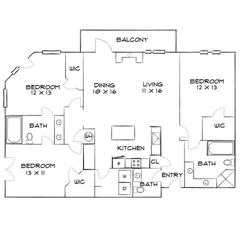 Modern floor plan showcasing 3 bedrooms, open-concept living and dining area, sleek kitchen, and ample balcony space.