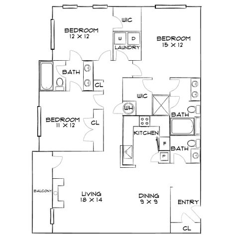 Modern floor plan displaying 3 bedrooms with ample closets, 2 sleek bathrooms, an open living and dining area, compact kitchen, and a charming balcony.