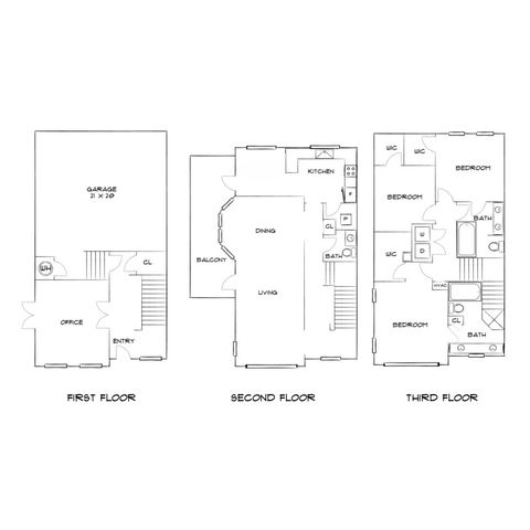 Elegant three-story floor plan featuring a spacious garage and office on the first floor, open-concept living, dining, and kitchen areas with a balcony on the second floor, and two bedrooms with en-suite bathrooms and walk-in closets on the third floor.