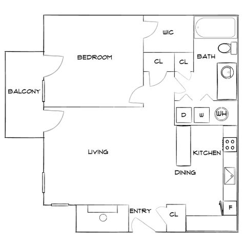 Contemporary floor plan highlighting a bedroom, open living area, modern kitchen, and a relaxing balcony.